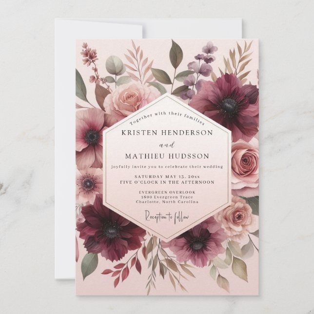 Convite Casamento Flor de Bege Borgonha (Frente)