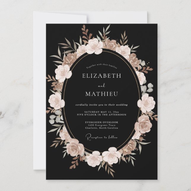 Convite Casamento Flor de Bege Preto (Frente)