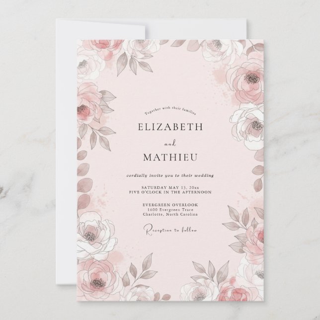 Convite Casamento Flor de Bege Rosado (Frente)