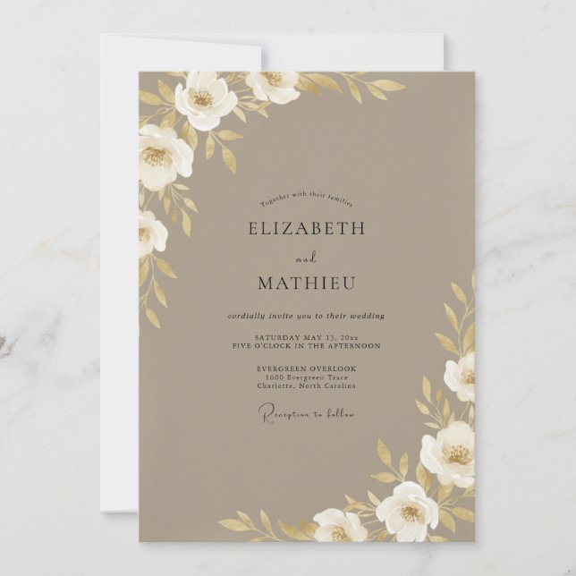 Convite Casamento Flor de Bege Taupe (Frente)