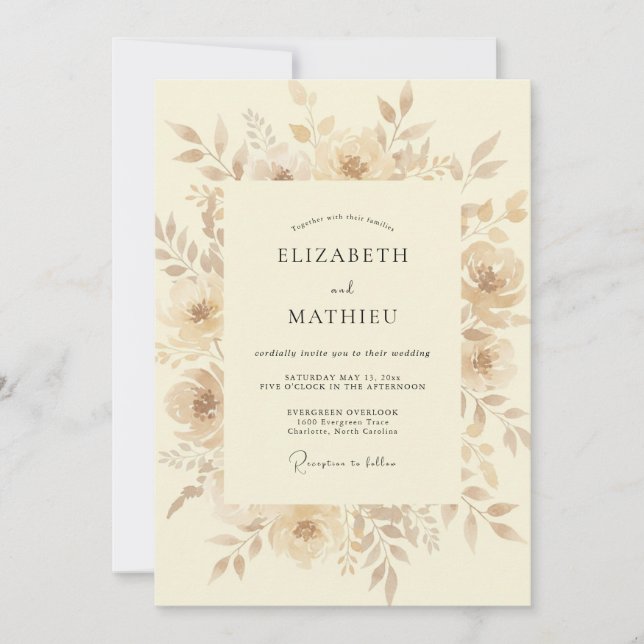 Convite Casamento Flor de Beige Pintado à Mão (Frente)