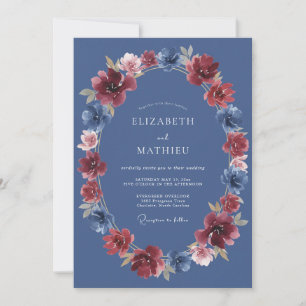 Convite Casamento Flor de Bloom Azul Borgonha