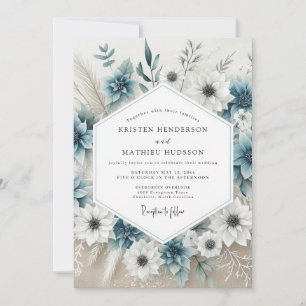 Convite Casamento Flor de Bloom Azul Empoeirado