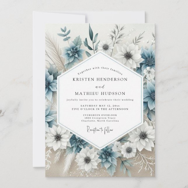 Convite Casamento Flor de Bloom Azul Empoeirado (Frente)