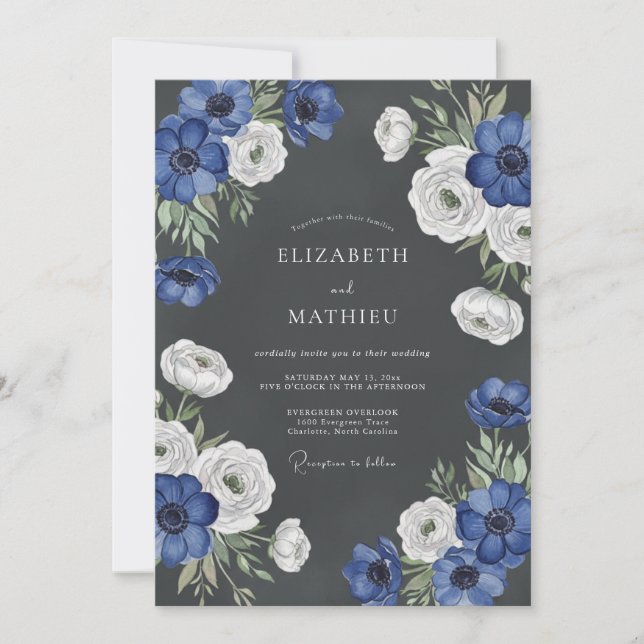 Convite Casamento Flor de Bloom Azul Profundo (Frente)