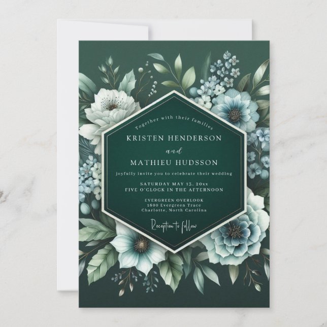 Convite Casamento Flor de Bloom Esmeralda à Meia-Noite (Frente)