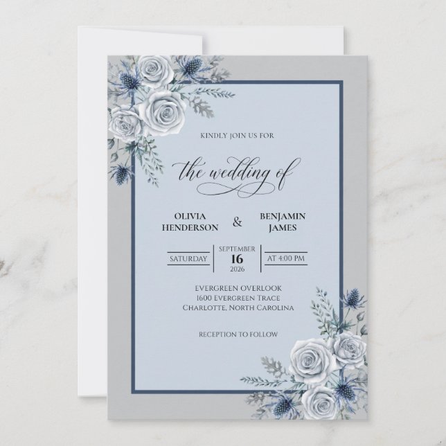 Convite Casamento Flor de Bloom Gelo Azul (Frente)