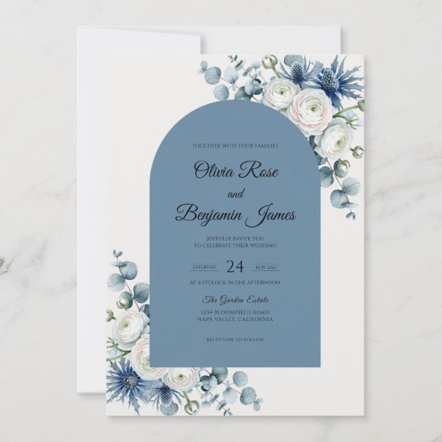 Convite Casamento Flor de Bloom Prata Aço (Frente)