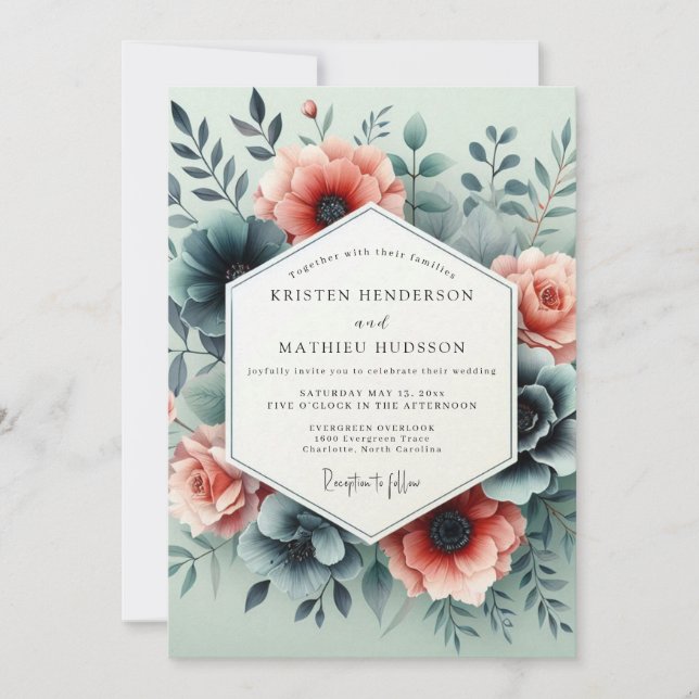 Convite Casamento Flor de Bloom Somber Teal Peach (Frente)