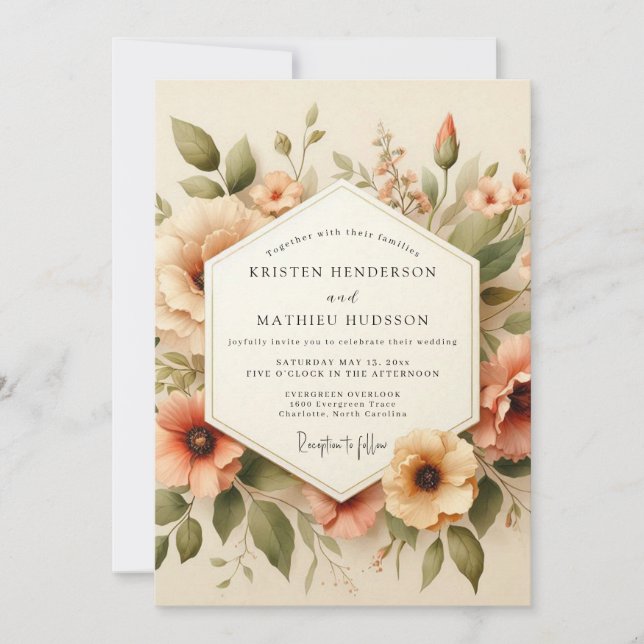 Convite Casamento Flor de Bloom Vintage Pêssego (Frente)