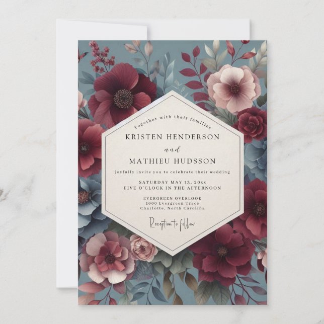 Convite Casamento Flor de Bloom Vitoriano Borgonha (Frente)
