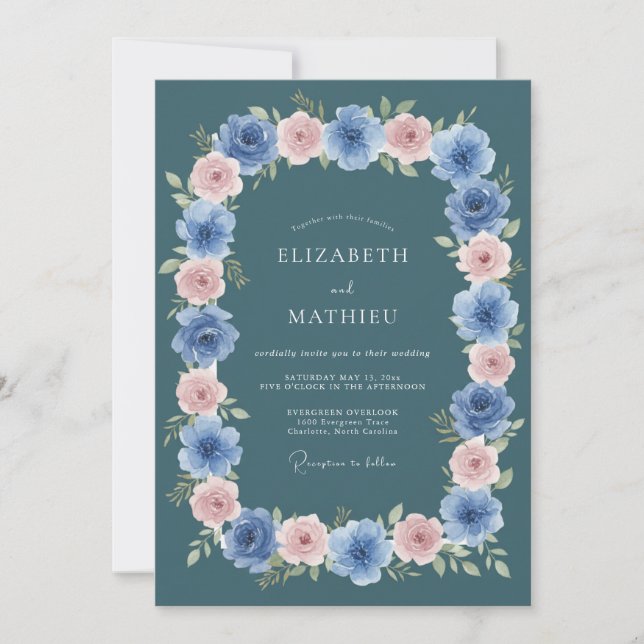 Convite Casamento Flor de Blossom Azul Ardesia (Frente)