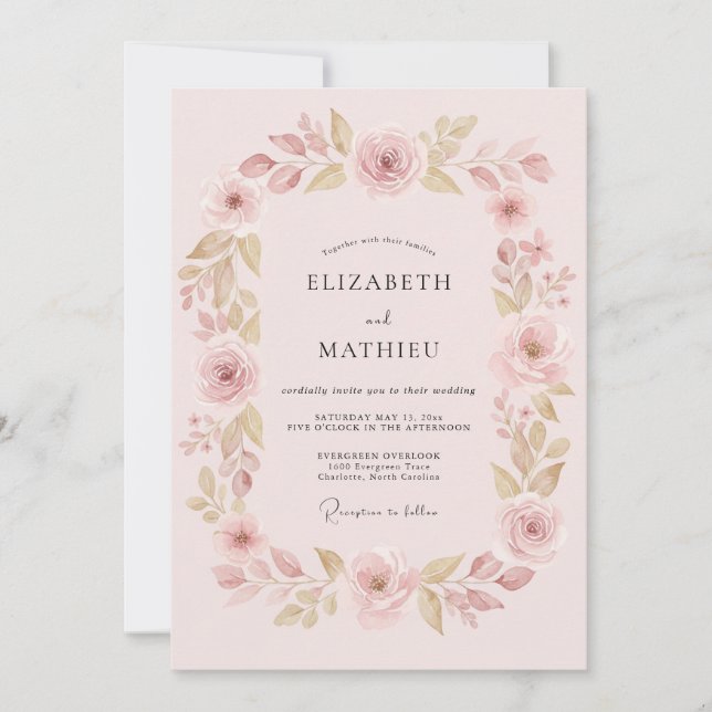 Convite Casamento Flor de Blossom Etéreo Rosa Pálido (Frente)