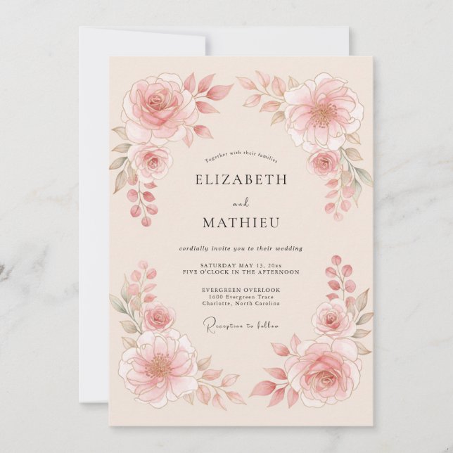 Convite Casamento Flor de Blush Rosa Etéreo (Frente)
