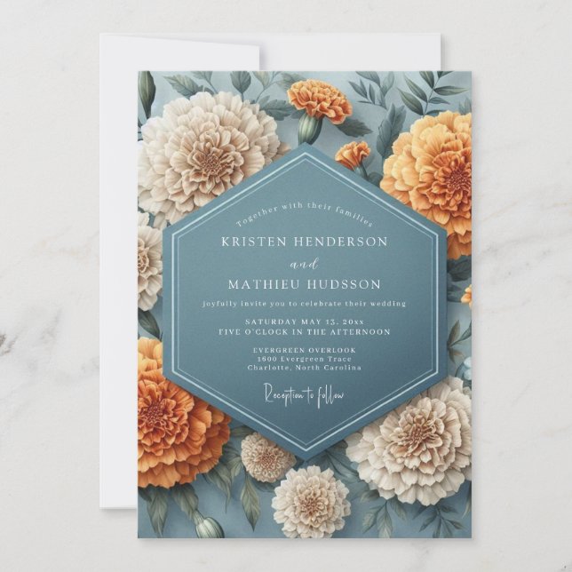 Convite Casamento Flor de Calendula Azul Ardósia (Frente)