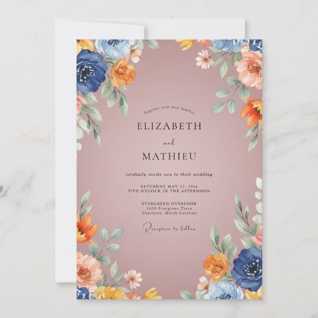 Convite Casamento Flor de Campo Azul Marinho (Frente)
