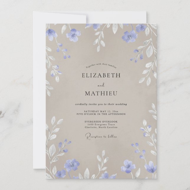 Convite Casamento Flor de Campo Bege Azul-marinho (Frente)