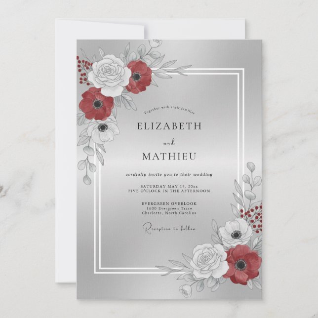 Convite Casamento Flor de Carmim Prateada (Frente)