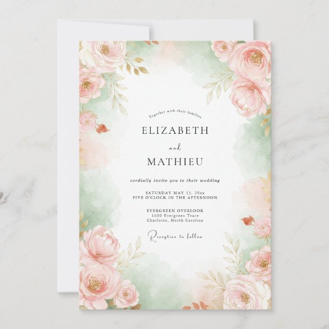 Convite Casamento Flor de Celadon Rosado (Frente)