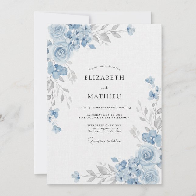 Convite Casamento Flor de Centáurea Azul Ardósia (Frente)