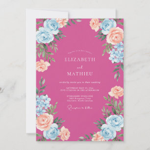 Convite Casamento Flor de Cerejeira Cerúlea Fúcsia