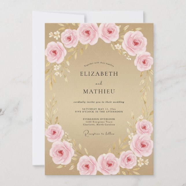 Convite Casamento Flor de Cerejeira Rosa Champanhe (Frente)