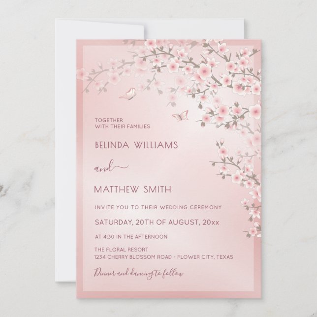 Convite Casamento Flor de Cerejeira Rosa Rubor (Frente)
