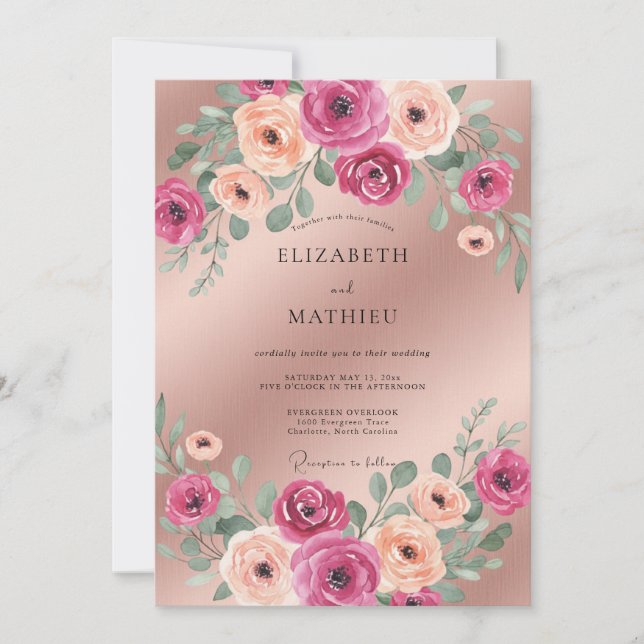 Convite Casamento Flor de Champagne Magenta (Frente)