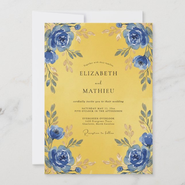 Convite Casamento Flor de Cobalto Dourado (Frente)