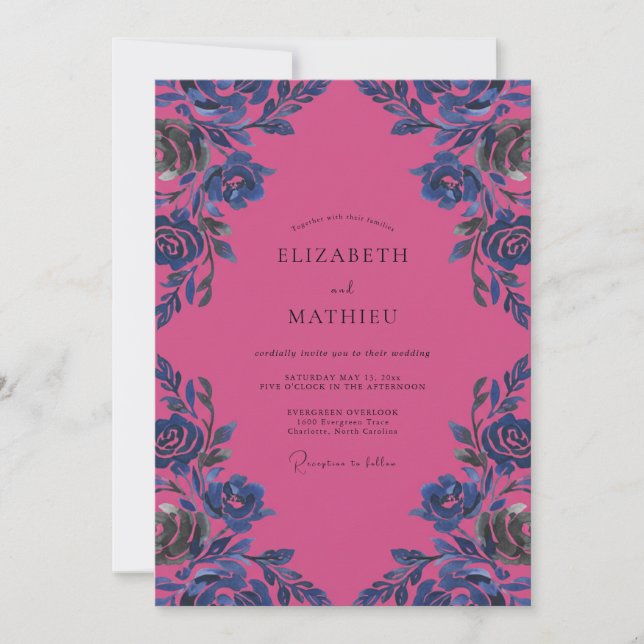 Convite Casamento Flor de Cobalto Magenta (Frente)