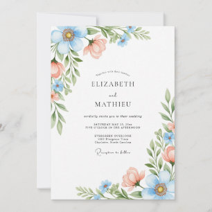 Convite Casamento Flor de Coral Azul Céu