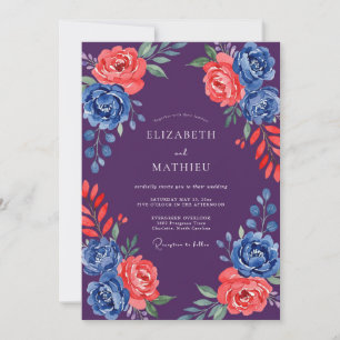 Convite Casamento Flor de Coral Cobalto Roxo Fundo
