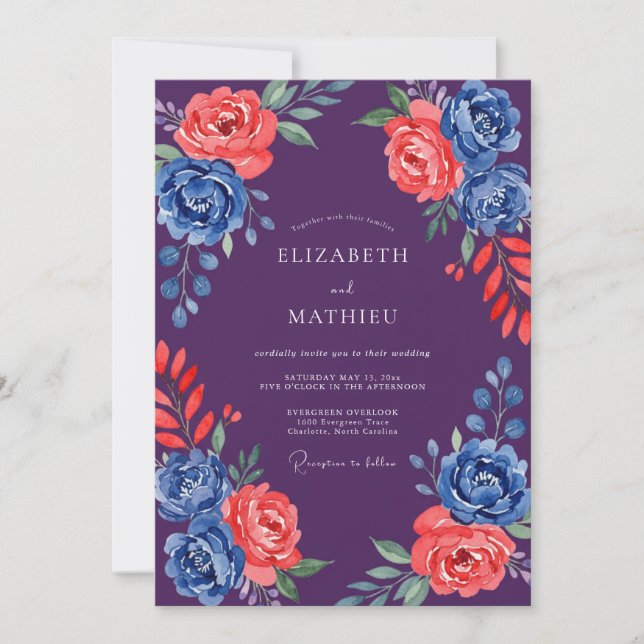 Convite Casamento Flor de Coral Cobalto Roxo Fundo (Frente)