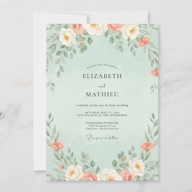 Convite Casamento Flor de Coral Menta (Frente)
