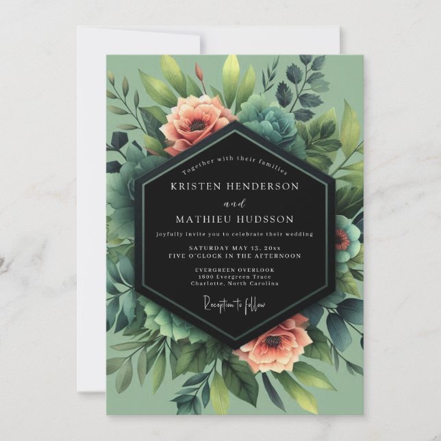 Convite Casamento Flor de Coral Salvia Verde (Frente)