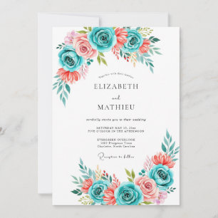 Convite Casamento Flor de Coral Turquesa Pintado
