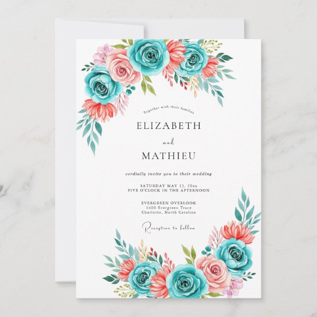 Convite Casamento Flor de Coral Turquesa Pintado (Frente)