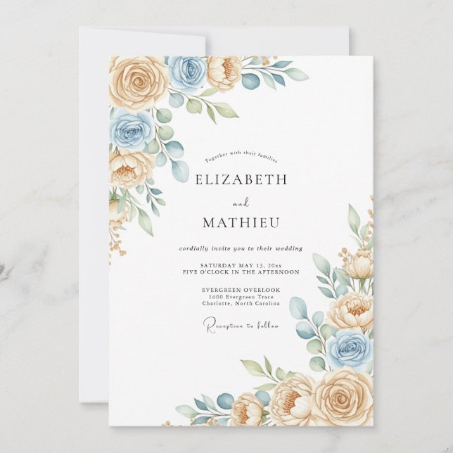 Convite Casamento Flor de Creme Azul Etéreo (Frente)