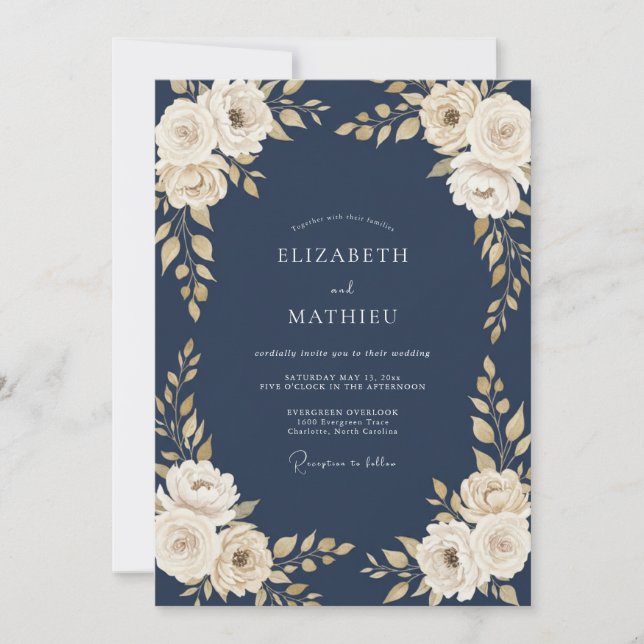 Convite Casamento Flor de Creme da Meia-Noite (Frente)