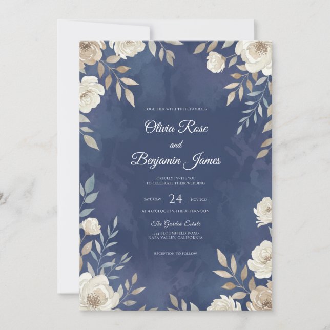 Convite Casamento Flor de Creme de Aço (Frente)