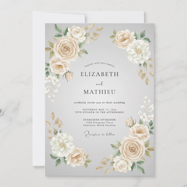Convite Casamento Flor de Creme de Marfim (Frente)
