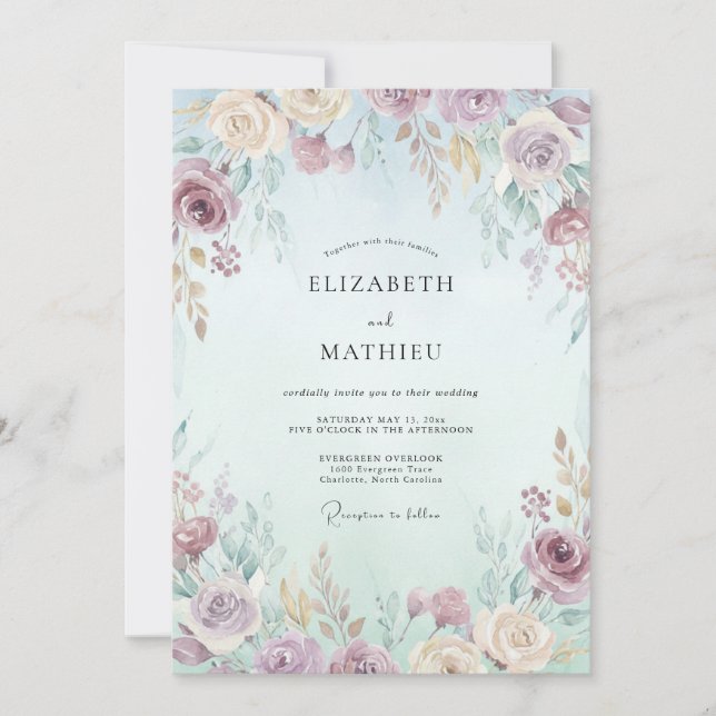 Convite Casamento Flor de Creme Marfim Ameixa (Frente)