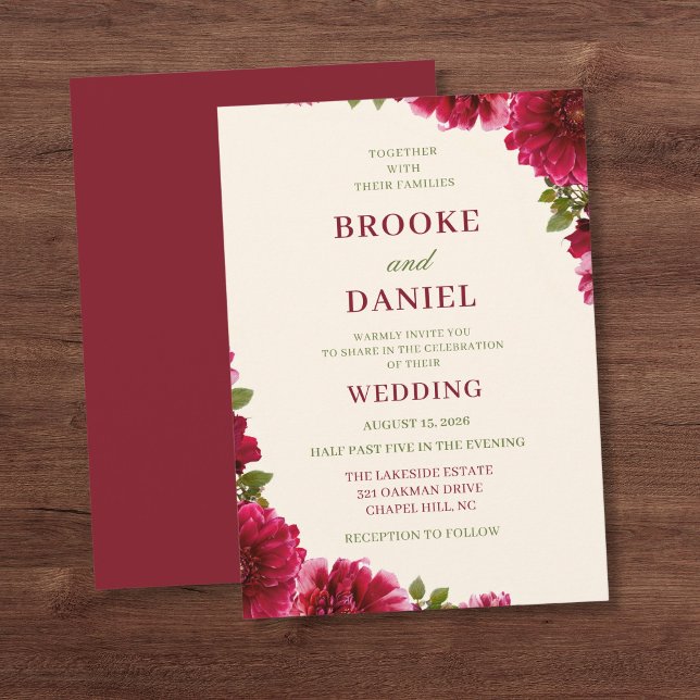 Convite Casamento Flor de Dahlia Canto em Borgonha (Criador carregado)