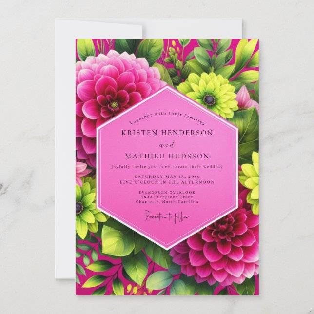 Convite Casamento Flor de Dália Magenta (Frente)