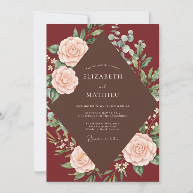 Convite Casamento Flor de Desabrochar Bege Vinho (Frente)
