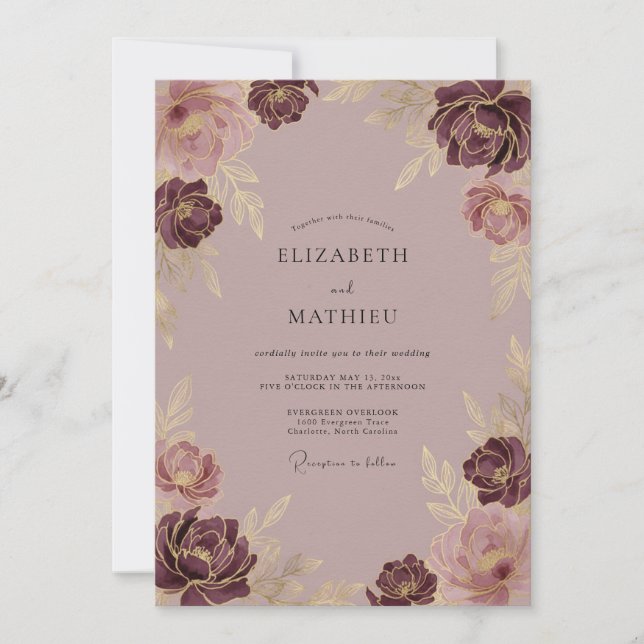 Convite Casamento Flor de Dourado Malva (Frente)