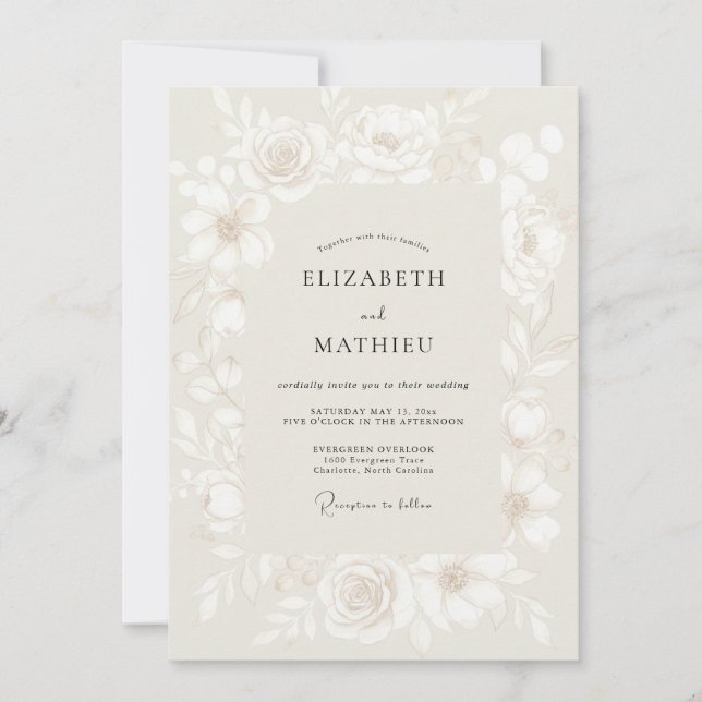 Convite Casamento Flor de Elegância em Marfim (Frente)