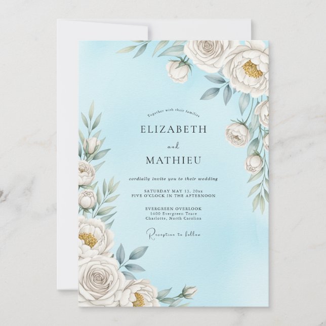 Convite Casamento Flor de Éter Azul Céu (Frente)