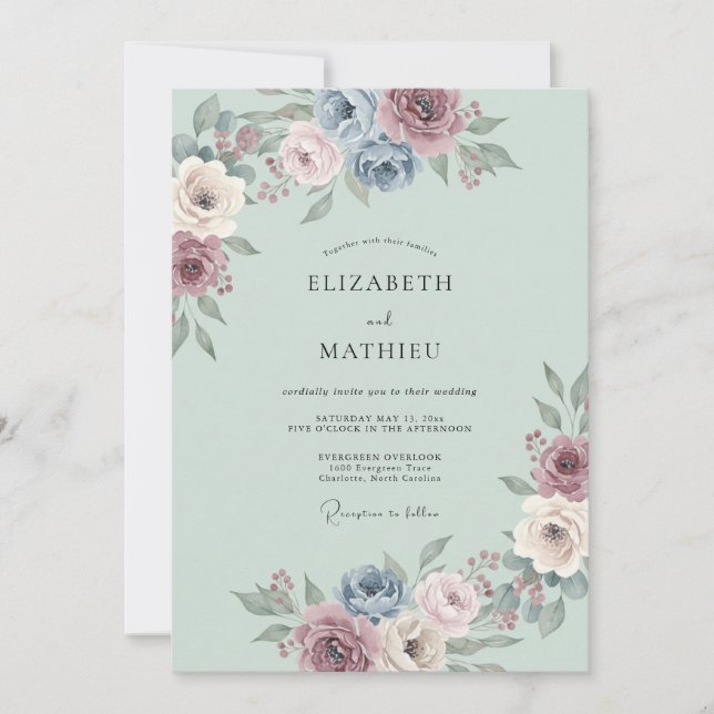 Convite Casamento Flor de Éter Azul Empoeirado (Frente)
