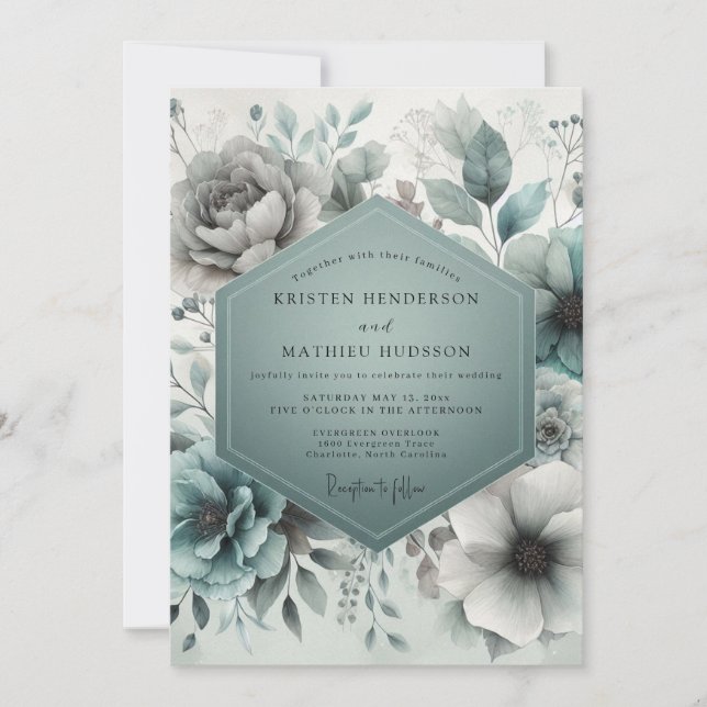 Convite Casamento Flor de Éter Teal (Frente)